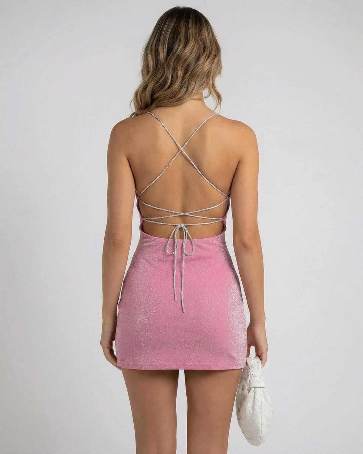 Isix Mini Dress from RAMBLION, pink, back view, chic silhouette, elegant for special occasions, featuring unique shimmer.