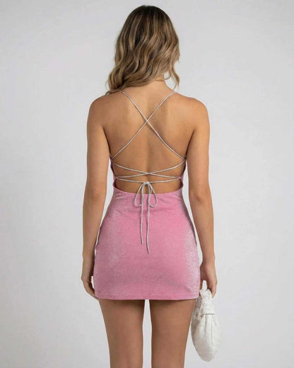Isix Mini Dress from RAMBLION, pink, back view, chic silhouette, elegant for special occasions, featuring unique shimmer.