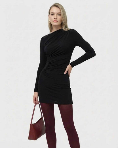 Ivah Mini Dress by RAMBLION, black, round neck, long sleeves, chic fit, perfect for modern occasions.
