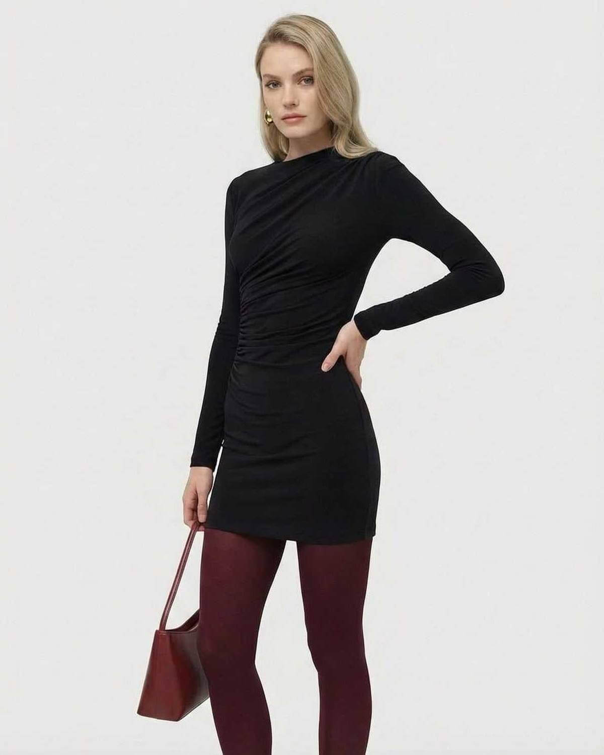 Ivah Mini Dress by RAMBLION, black mini dress with round neck, long sleeves, chic fit for modern occasions.