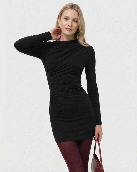 Ivah Mini Dress by RAMBLION, black polyester blend, long sleeves, round neck, chic styling for modern occasions.