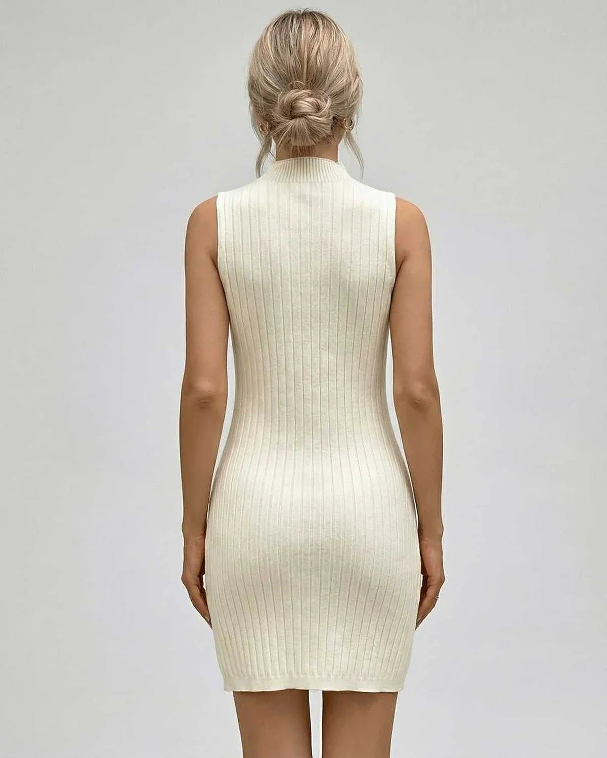 Ivory Bodycon Round Neck Sleeveless Mini Dress | Formal Occasions, Night Out & Weekend Wear, back view | Ramblion | SKU: OMD-48291-ivory-L-6290,OMD-48291-ivory-M-6723,OMD-48291-ivory-S-2025,OMD-48291-ivory-XL-9000,OMD-48291-ivory-XS-5151