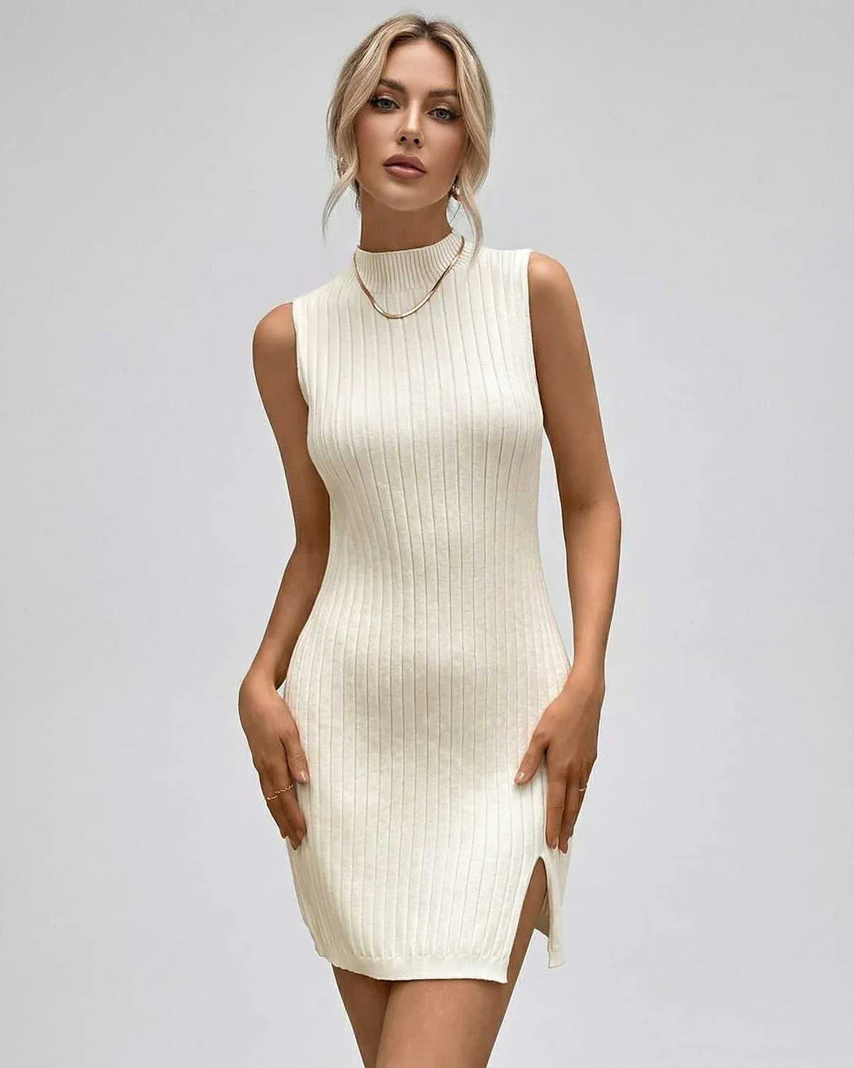 Ivory Bodycon Round Neck Sleeveless Mini Dress | Formal Occasions, Night Out & Weekend Wear, front view | Ramblion | SKU: OMD-48291-ivory-L-6290,OMD-48291-ivory-M-6723,OMD-48291-ivory-S-2025,OMD-48291-ivory-XL-9000,OMD-48291-ivory-XS-5151