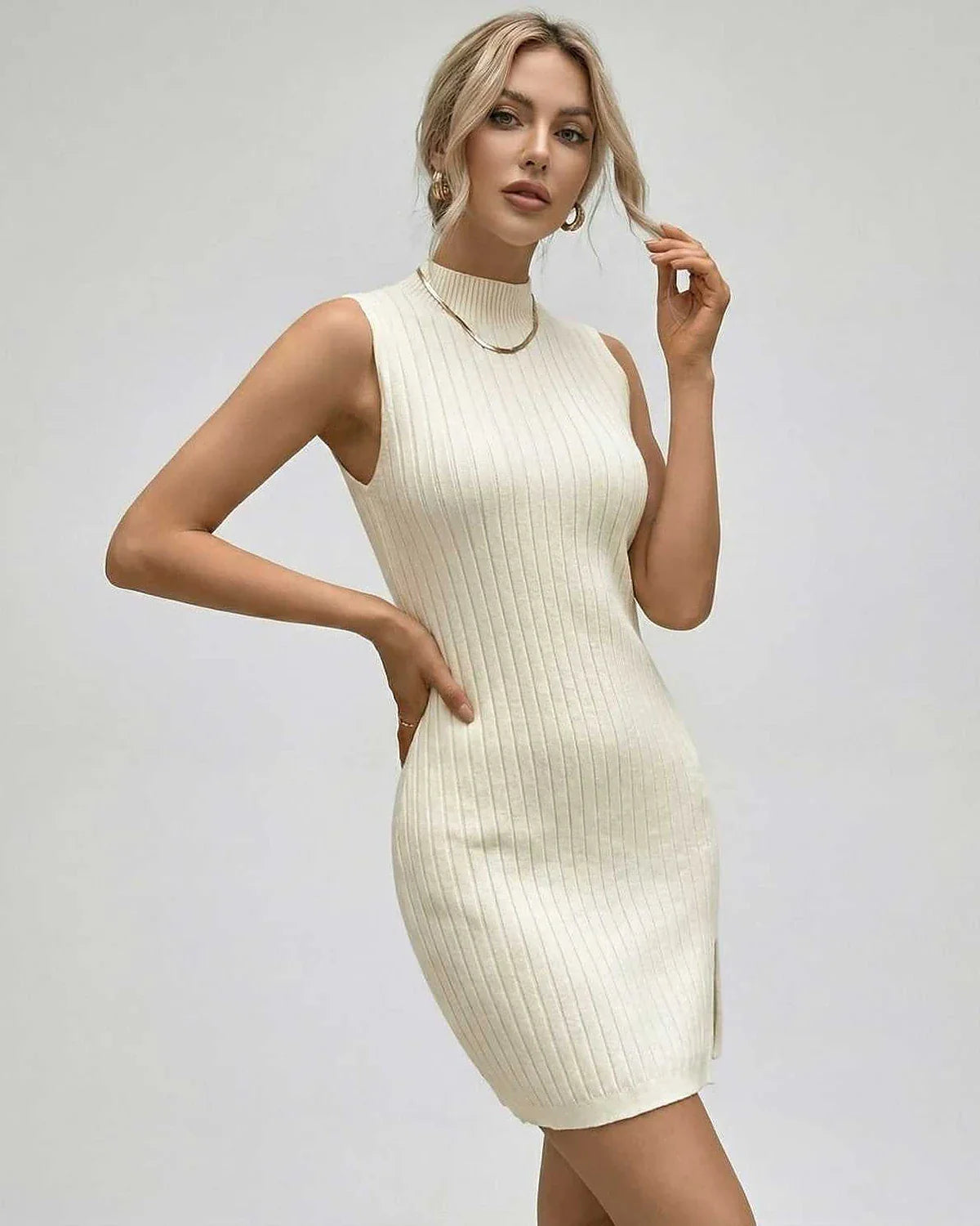 Ivory Bodycon Round Neck Sleeveless Mini Dress | Formal Occasions, Night Out & Weekend Wear, front view | Ramblion | SKU: OMD-48291-ivory-L-6290,OMD-48291-ivory-M-6723,OMD-48291-ivory-S-2025,OMD-48291-ivory-XL-9000,OMD-48291-ivory-XS-5151