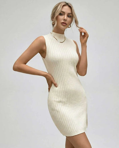 Ivory Bodycon Round Neck Sleeveless Mini Dress | Formal Occasions, Night Out & Weekend Wear, front view | Ramblion | SKU: OMD-48291-ivory-L-6290,OMD-48291-ivory-M-6723,OMD-48291-ivory-S-2025,OMD-48291-ivory-XL-9000,OMD-48291-ivory-XS-5151