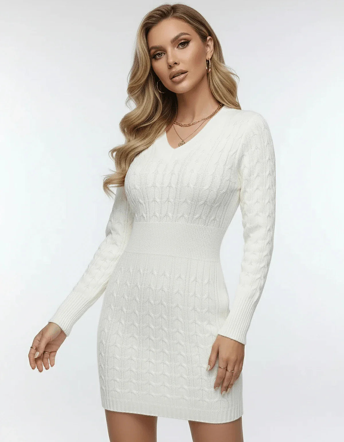 Ivory Bodycon V-Neck Long Sleeve Mini Dress | Gala Nights, Day-to-Night & Casual Wear, front view | Ramblion | SKU: CMD-384920175-ivory-L-2368,CMD-384920175-ivory-M-3431,CMD-384920175-ivory-S-9732,CMD-384920175-ivory-XL-4568,CMD-384920175-ivory-XS-9697