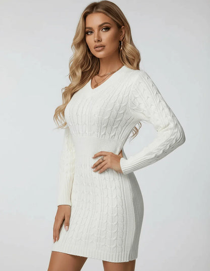Ivory Bodycon V-Neck Long Sleeve Mini Dress | Gala Nights, Day-to-Night & Casual Wear, side view | Ramblion | SKU: CMD-384920175-ivory-L-2368,CMD-384920175-ivory-M-3431,CMD-384920175-ivory-S-9732,CMD-384920175-ivory-XL-4568,CMD-384920175-ivory-XS-9697