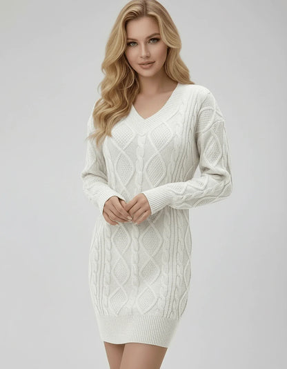 Ivory Bodycon V-Neck Long Sleeve Mini Dress | Party Nights & Wedding Season, front view | Ramblion | SKU: LMD-478392615-ivory-L-5434,LMD-478392615-ivory-M-7915,LMD-478392615-ivory-S-6982,LMD-478392615-ivory-XL-1104,LMD-478392615-ivory-XS-3388