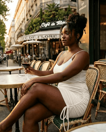 Ivory Mini Skirt by RAMBLION, a woman in a cafe enjoying a drink, showcasing a high-waisted rib-knit bodycon design.