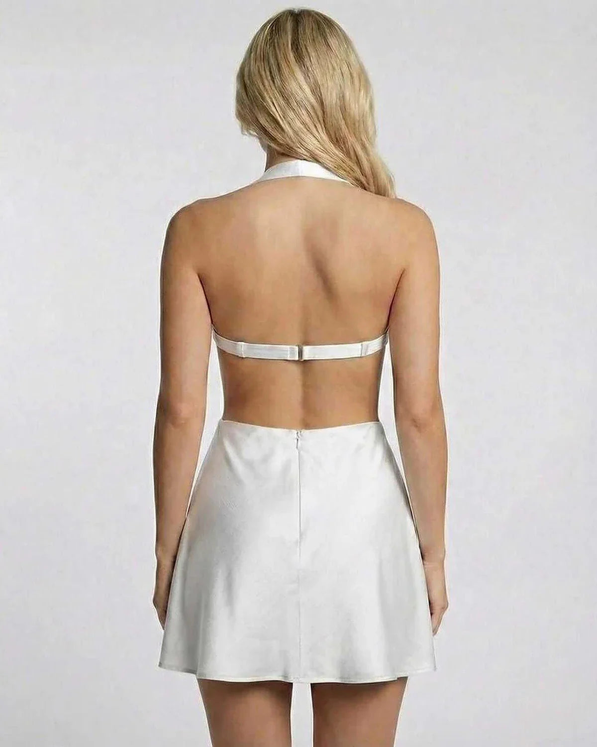 Ivory Satin A-line Halter Sleeveless Mini Dress | Formal Events & Daily Wear, back view | Ramblion | SKU: IMD-491827356-ivory-L-4355,IMD-491827356-ivory-M-9096,IMD-491827356-ivory-S-9873,IMD-491827356-ivory-XL-2974,IMD-491827356-ivory-XS-4663