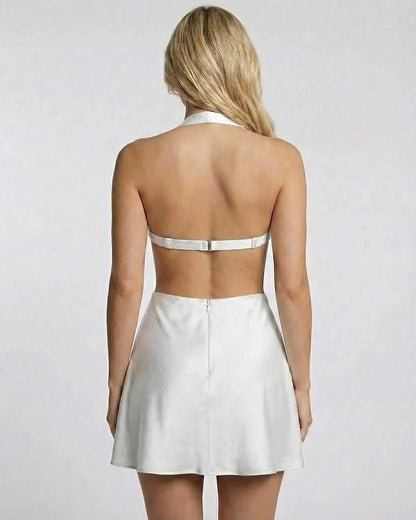 Ivory Satin A-line Halter Sleeveless Mini Dress | Formal Events & Daily Wear, back view | Ramblion | SKU: IMD-491827356-ivory-L-4355,IMD-491827356-ivory-M-9096,IMD-491827356-ivory-S-9873,IMD-491827356-ivory-XL-2974,IMD-491827356-ivory-XS-4663