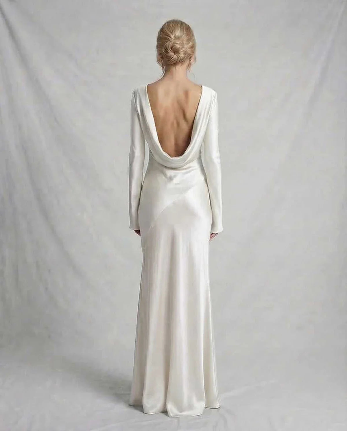Ivory Satin Slip Round Neck Long Sleeve Maxi Dress | Evening Events & Cocktail Hour, back view | Ramblion | SKU: SMD-728194305-ivory-L-9336,SMD-728194305-ivory-M-9929,SMD-728194305-ivory-S-1905,SMD-728194305-ivory-XL-6149,SMD-728194305-ivory-XS-8142