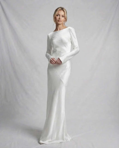 Ivory Satin Slip Round Neck Long Sleeve Maxi Dress | Evening Events & Cocktail Hour, front view | Ramblion | SKU: SMD-728194305-ivory-L-9336,SMD-728194305-ivory-M-9929,SMD-728194305-ivory-S-1905,SMD-728194305-ivory-XL-6149,SMD-728194305-ivory-XS-8142