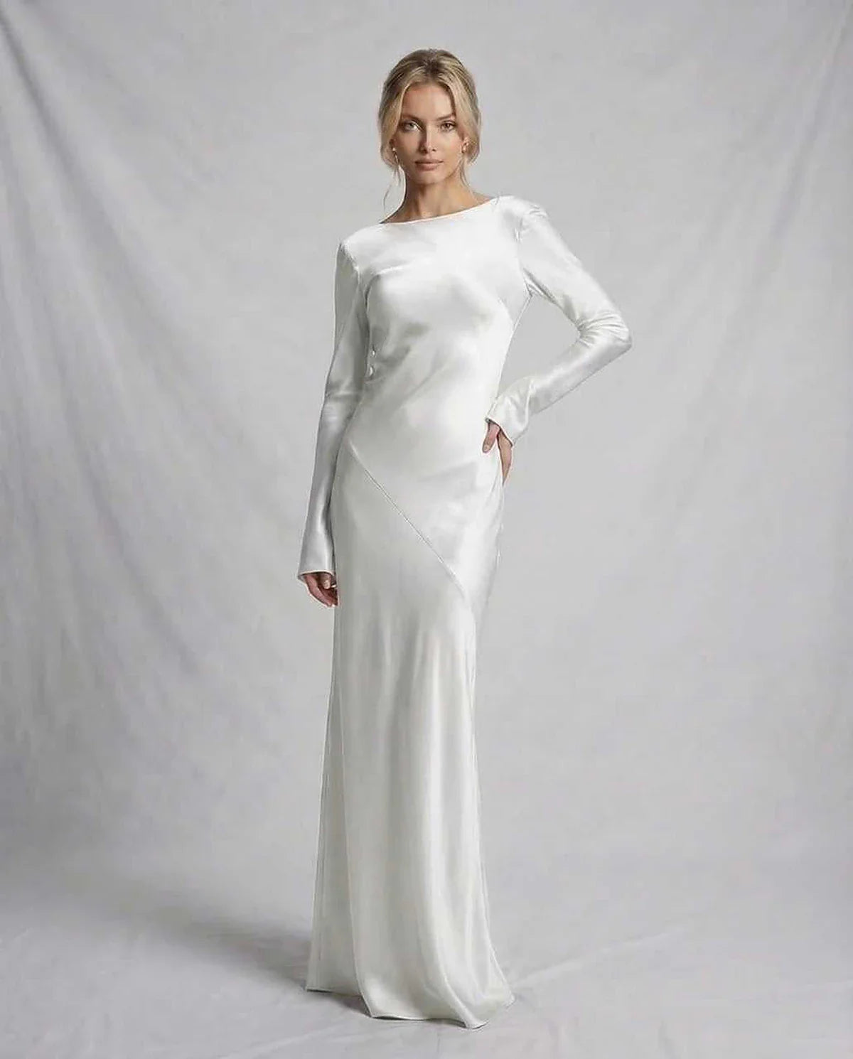 Ivory Satin Slip Round Neck Long Sleeve Maxi Dress | Evening Events & Cocktail Hour, front view | Ramblion | SKU: SMD-728194305-ivory-L-9336,SMD-728194305-ivory-M-9929,SMD-728194305-ivory-S-1905,SMD-728194305-ivory-XL-6149,SMD-728194305-ivory-XS-8142