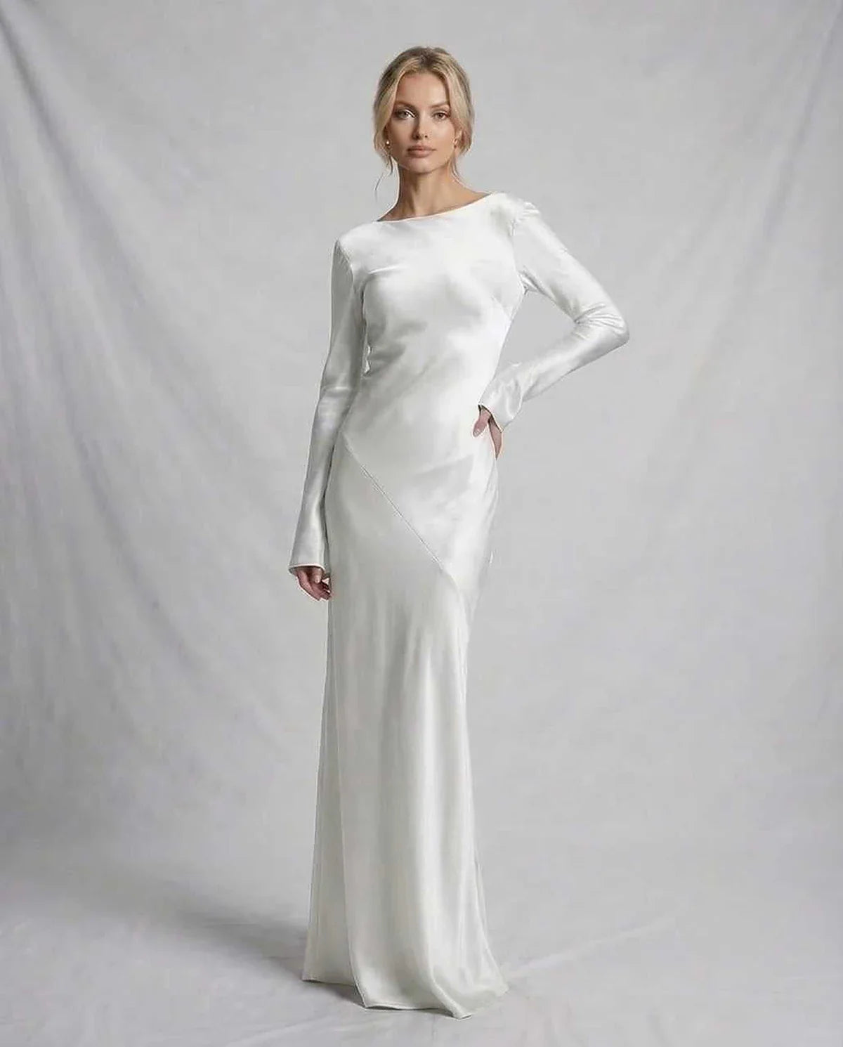 Ivory Satin Slip Round Neck Long Sleeve Maxi Dress | Evening Events & Cocktail Hour, front view | Ramblion | SKU: SMD-728194305-ivory-L-9336,SMD-728194305-ivory-M-9929,SMD-728194305-ivory-S-1905,SMD-728194305-ivory-XL-6149,SMD-728194305-ivory-XS-8142