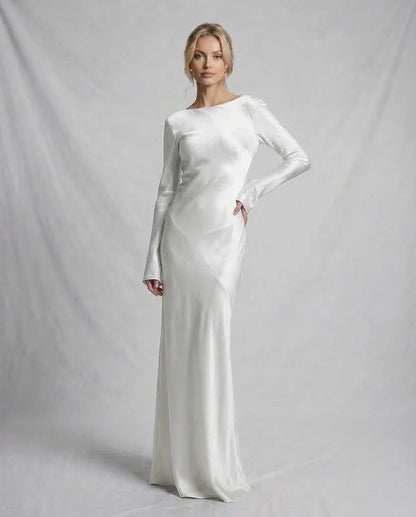 Ivory Satin Slip Round Neck Long Sleeve Maxi Dress | Evening Events & Cocktail Hour, front view | Ramblion | SKU: SMD-728194305-ivory-L-9336,SMD-728194305-ivory-M-9929,SMD-728194305-ivory-S-1905,SMD-728194305-ivory-XL-6149,SMD-728194305-ivory-XS-8142