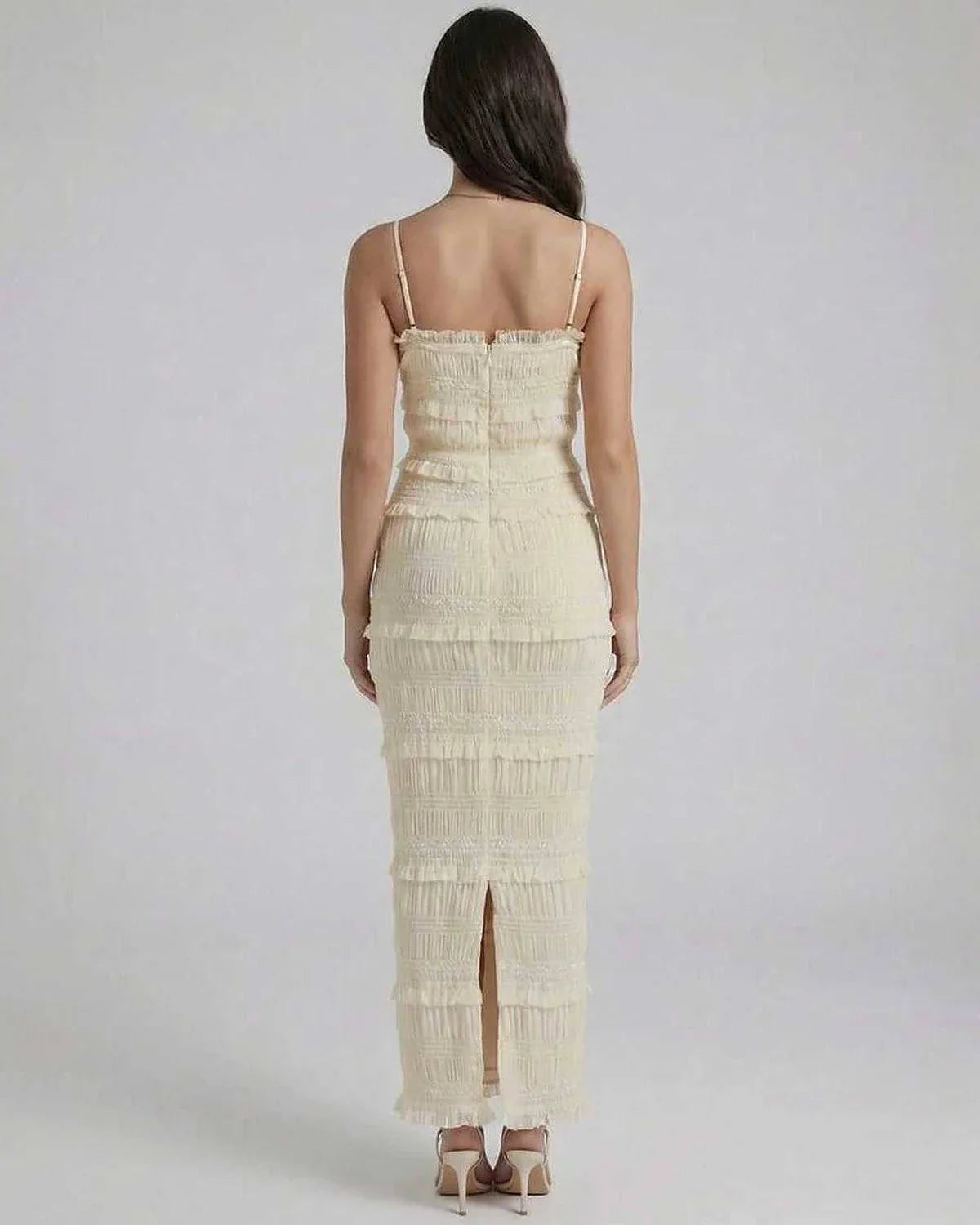 Ivory Satin Slip Square Neck Sleeveless Maxi Dress | Formal Occasions, Celebrations & Everyday Wear, back view | Ramblion | SKU: CMD-591274836-ivory-L-785,CMD-591274836-ivory-M-8562,CMD-591274836-ivory-S-5104,CMD-591274836-ivory-XL-5579,CMD-591274836-ivory-XS-6951