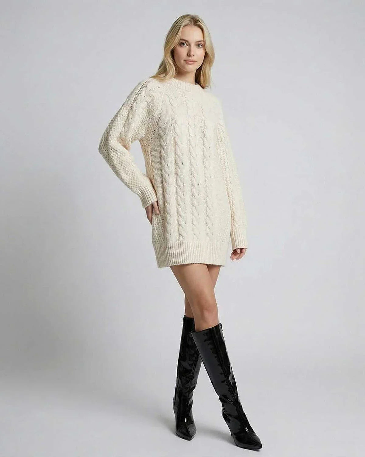 Ivory Shift Round Neck Long Sleeve Mini Dress | Gala Nights & Bridal Showers, front view | Ramblion | SKU: SMD-48291-ivory-L-8104,SMD-48291-ivory-M-2647,SMD-48291-ivory-S-727,SMD-48291-ivory-XL-1824,SMD-48291-ivory-XS-8002