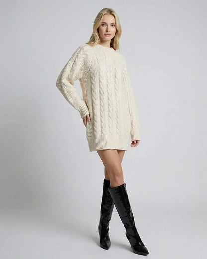 Ivory Shift Round Neck Long Sleeve Mini Dress | Gala Nights & Bridal Showers, front view | Ramblion | SKU: SMD-48291-ivory-L-8104,SMD-48291-ivory-M-2647,SMD-48291-ivory-S-727,SMD-48291-ivory-XL-1824,SMD-48291-ivory-XS-8002