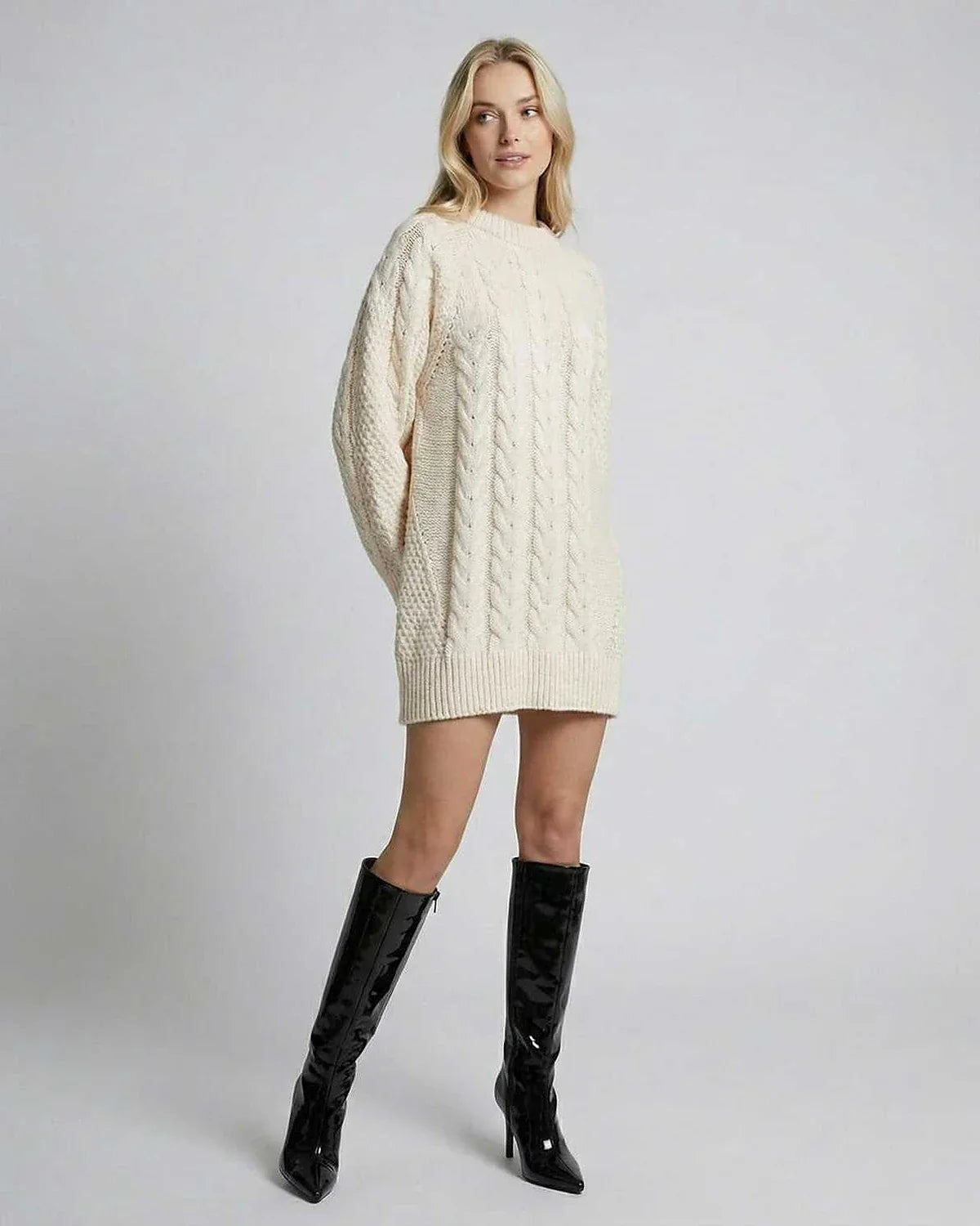 Ivory Shift Round Neck Long Sleeve Mini Dress | Gala Nights & Bridal Showers, front view | Ramblion | SKU: SMD-48291-ivory-L-8104,SMD-48291-ivory-M-2647,SMD-48291-ivory-S-727,SMD-48291-ivory-XL-1824,SMD-48291-ivory-XS-8002