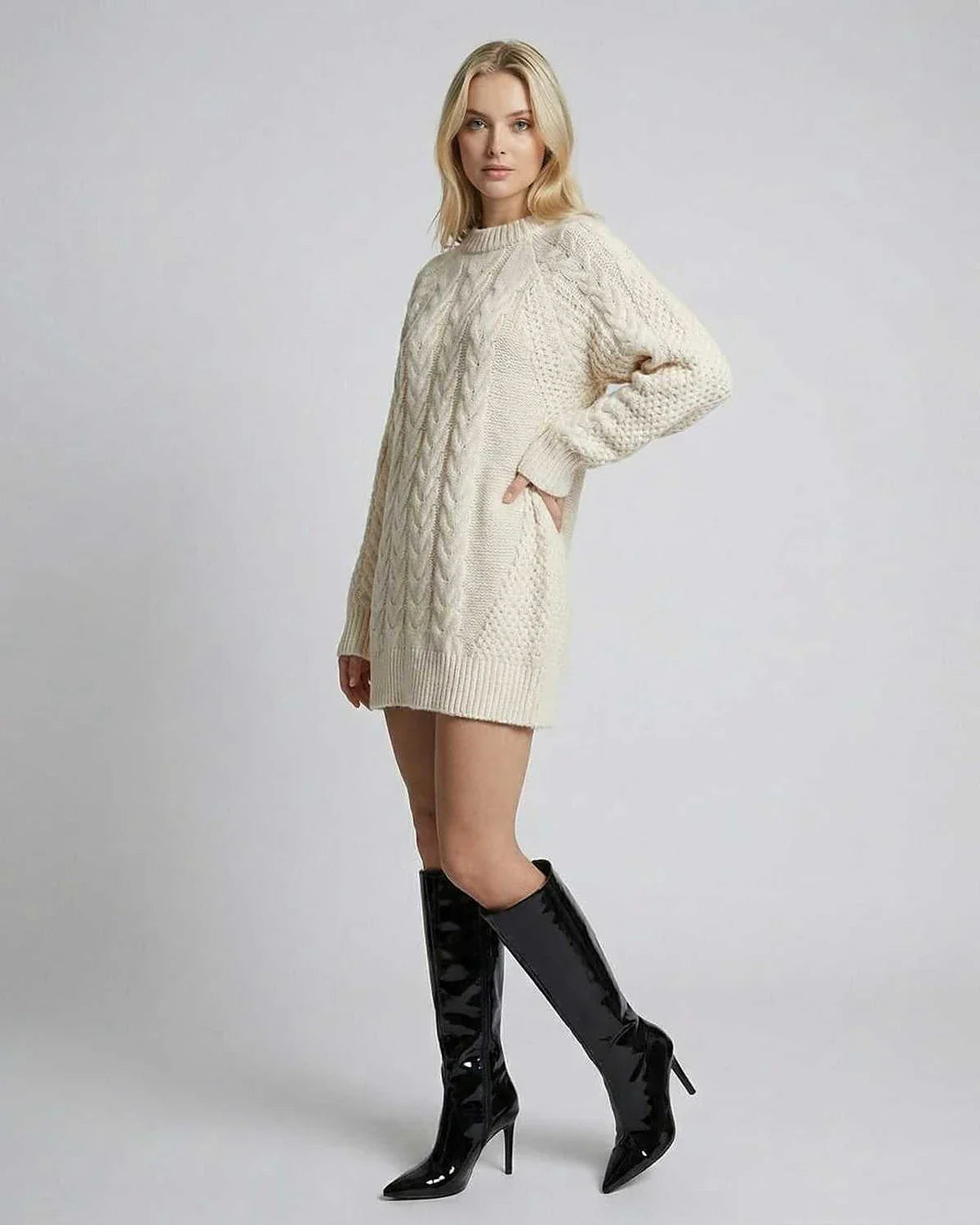 Ivory Shift Round Neck Long Sleeve Mini Dress | Gala Nights & Bridal Showers, side view | Ramblion | SKU: SMD-48291-ivory-L-8104,SMD-48291-ivory-M-2647,SMD-48291-ivory-S-727,SMD-48291-ivory-XL-1824,SMD-48291-ivory-XS-8002