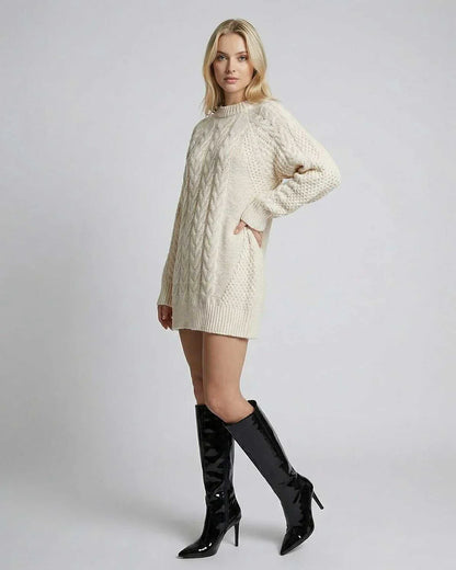 Ivory Shift Round Neck Long Sleeve Mini Dress | Gala Nights & Bridal Showers, side view | Ramblion | SKU: SMD-48291-ivory-L-8104,SMD-48291-ivory-M-2647,SMD-48291-ivory-S-727,SMD-48291-ivory-XL-1824,SMD-48291-ivory-XS-8002
