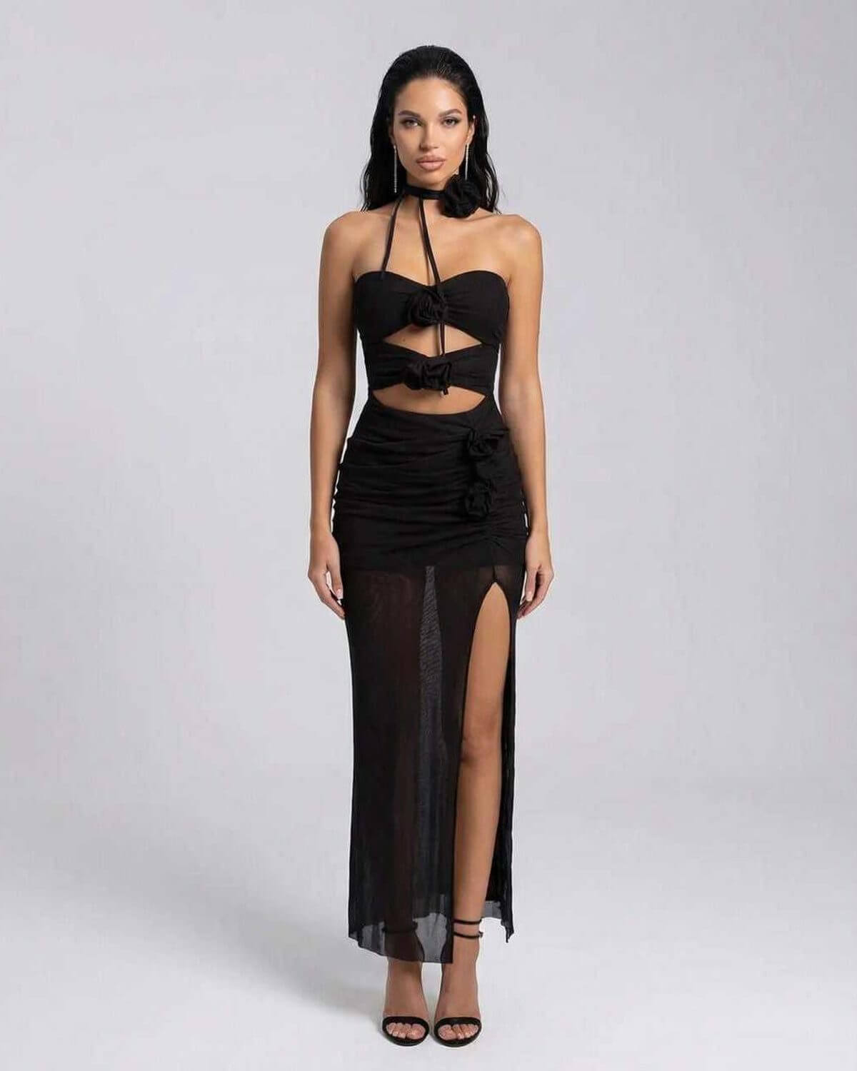 Jaca Maxi Dress by RAMBLION, black ankle-length halter dress with elegant design, perfect for upscale occasions.