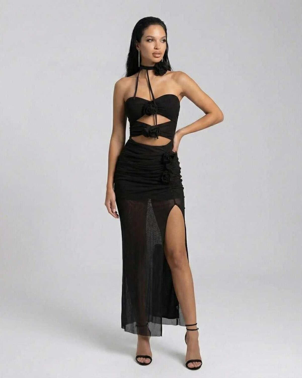 Jaca Maxi Dress by RAMBLION, black ankle-length gown with halter neck, stylish and elegant for upscale soirées.