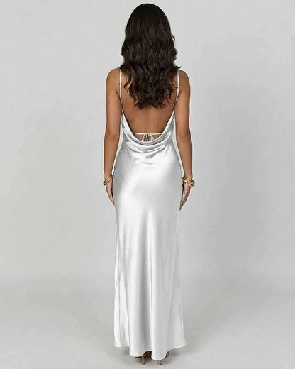 White Satin Gown V-Neck Sleeveless Maxi Dress | Formal Events, Cocktail Parties, Guest of Wedding & Daily Wear, back view | R | SKU: CDM-849271365-celadon-L-9380,CDM-849271365-celadon-M-8562,CDM-849271365-celadon-S-5285,CDM-849271365-celadon-XL-2043,CDM-849271365-celadon-XS-4759