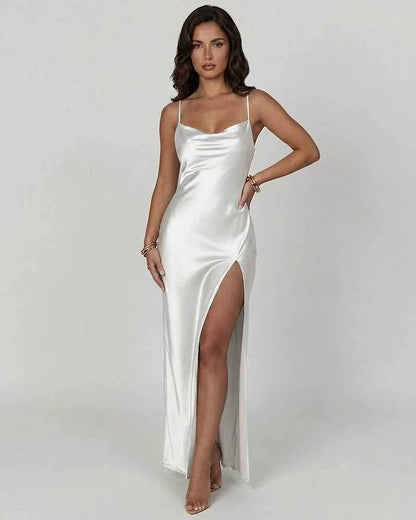 White Satin Gown V-Neck Sleeveless Maxi Dress | Formal Events, Cocktail Parties, Guest of Wedding & Daily Wear, front view | | SKU: CDM-849271365-celadon-L-9380,CDM-849271365-celadon-M-8562,CDM-849271365-celadon-S-5285,CDM-849271365-celadon-XL-2043,CDM-849271365-celadon-XS-4759