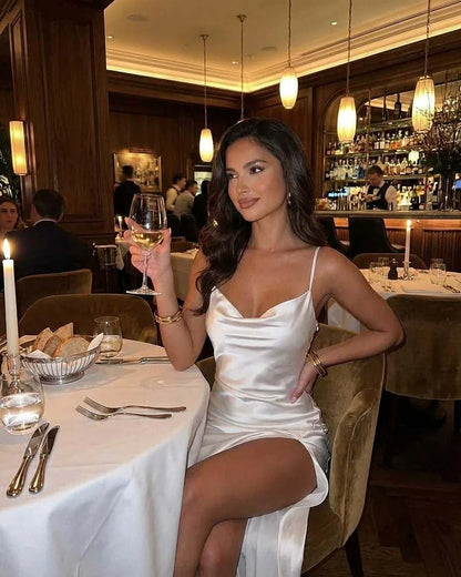 White Satin Gown V-Neck Sleeveless Maxi Dress | Formal Events, Cocktail Parties, Guest of Wedding & Daily Wear, lifestyle sho | SKU: CDM-849271365-celadon-L-9380,CDM-849271365-celadon-M-8562,CDM-849271365-celadon-S-5285,CDM-849271365-celadon-XL-2043,CDM-849271365-celadon-XS-4759
