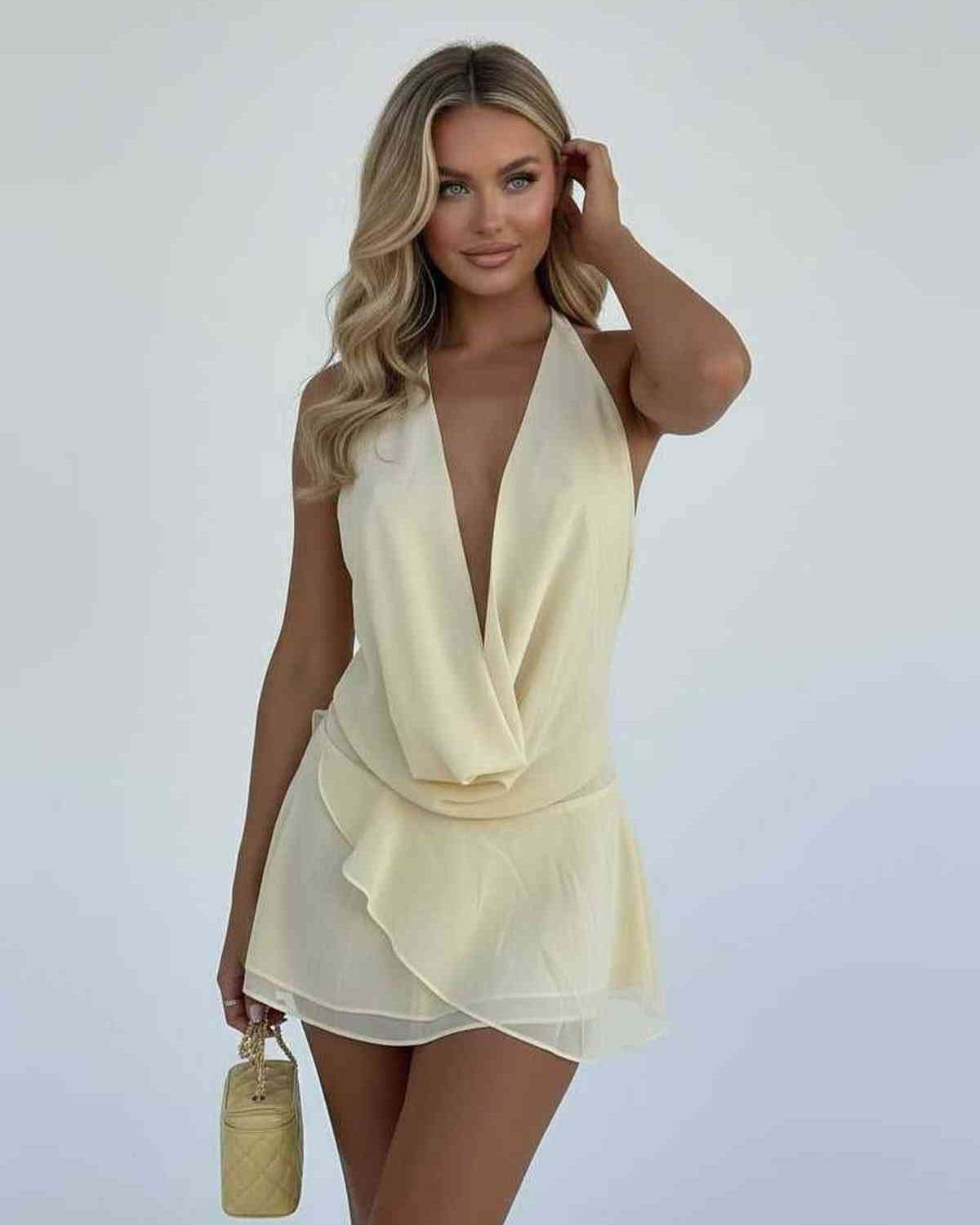 Yellow Chiffon Bodycon V-Neck Sleeveless Mini Dress | Formal Occasions, Night Out & Daily Wear, front view | Ramblion | SKU: LMD-384209876-yellow-L-9080,LMD-384209876-yellow-M-8716,LMD-384209876-yellow-S-3927,LMD-384209876-yellow-XL-2290,LMD-384209876-yellow-XS-7447
