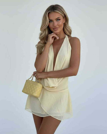 Yellow Chiffon Bodycon V-Neck Sleeveless Mini Dress | Formal Occasions, Night Out & Daily Wear, front view | Ramblion | SKU: LMD-384209876-yellow-L-9080,LMD-384209876-yellow-M-8716,LMD-384209876-yellow-S-3927,LMD-384209876-yellow-XL-2290,LMD-384209876-yellow-XS-7447