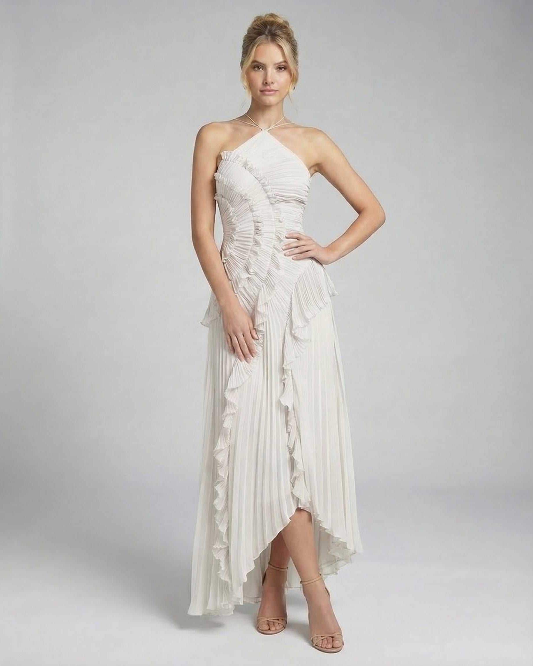 Jade Maxi Dress by RAMBLION, elegant pleated white dress with halter neckline, perfect for formal occasions.