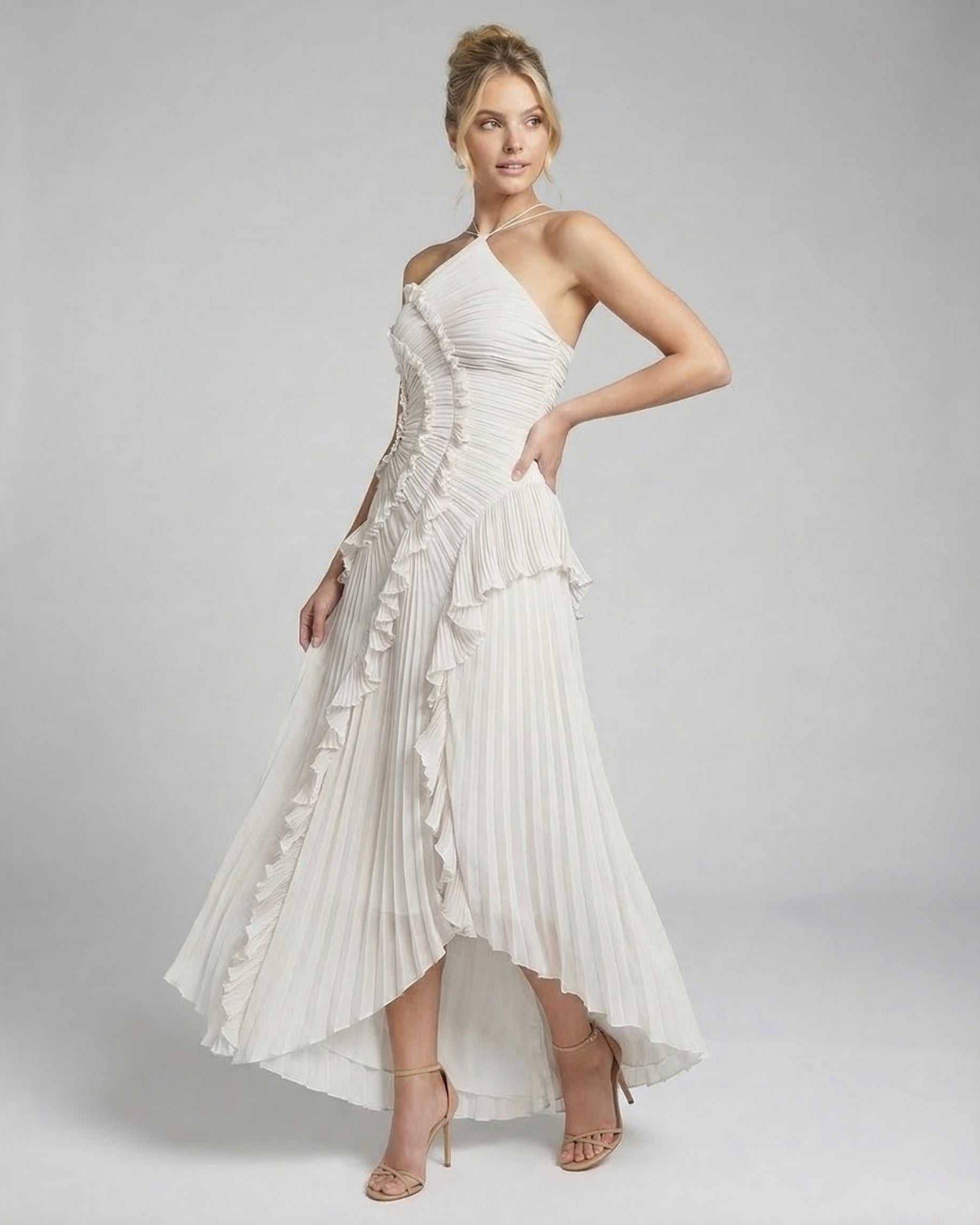 Jade Maxi Dress by RAMBLION, elegant pleated design, halter neckline, ideal for special occasions, in a stylish white color.