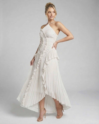 Jade Maxi Dress by RAMBLION, elegant pleated design, halter neckline, ideal for special occasions, in a stylish white color.