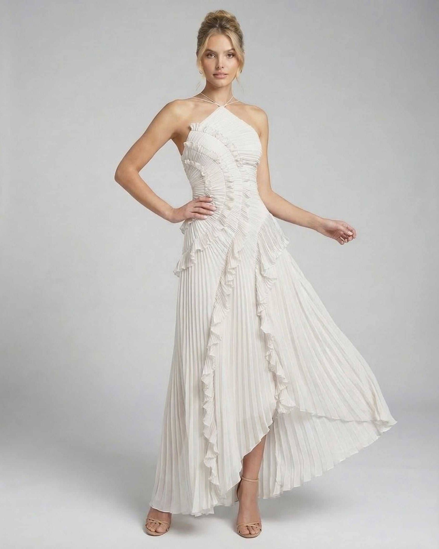 Jade Maxi Dress by RAMBLION, elegant halter ankle-length design, pleated silhouette, perfect for special occasions.