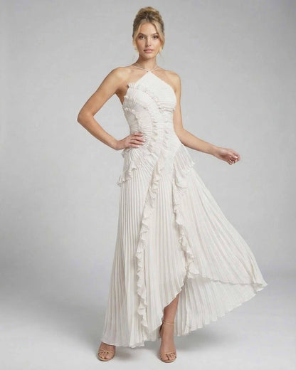 Jade Maxi Dress by RAMBLION, elegant halter ankle-length design, pleated silhouette, perfect for special occasions.