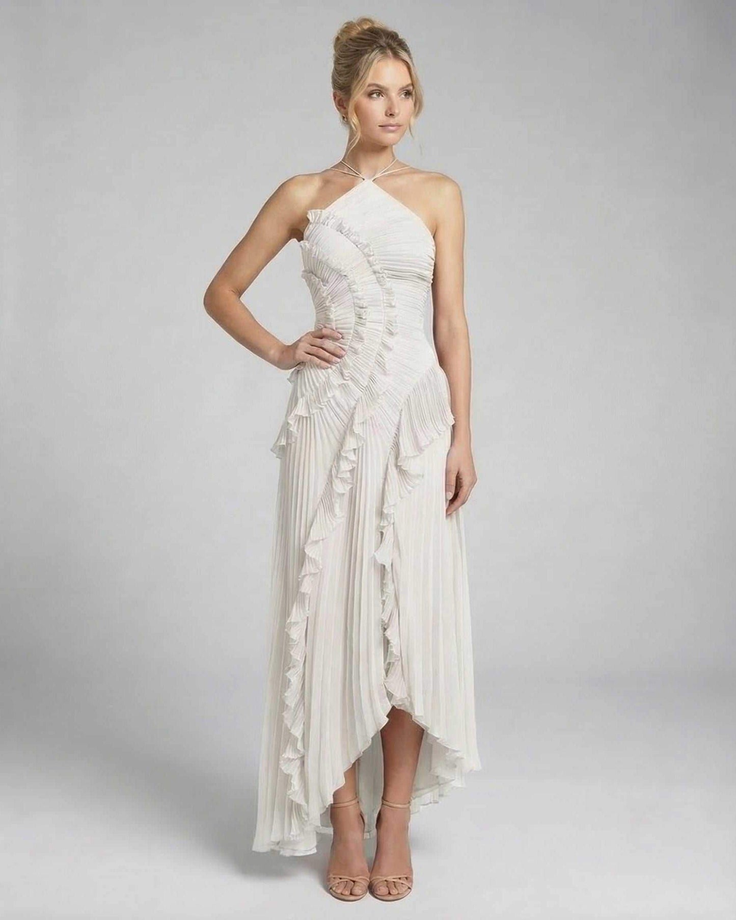 Jade Maxi Dress by RAMBLION, elegant white ankle-length dress with pleated silhouette and halter neckline, perfect for special occasions.