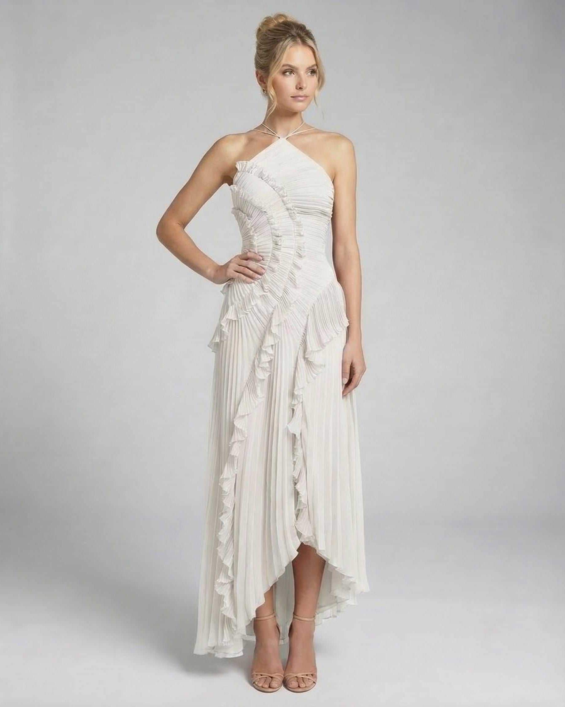 Jade Maxi Dress by RAMBLION, elegant white ankle-length dress with pleated silhouette and halter neckline, perfect for special occasions.