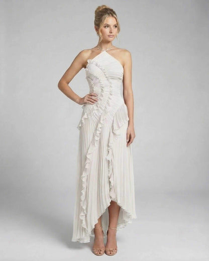Jade Maxi Dress by RAMBLION, elegant white ankle-length dress with pleated silhouette and halter neckline, perfect for special occasions.