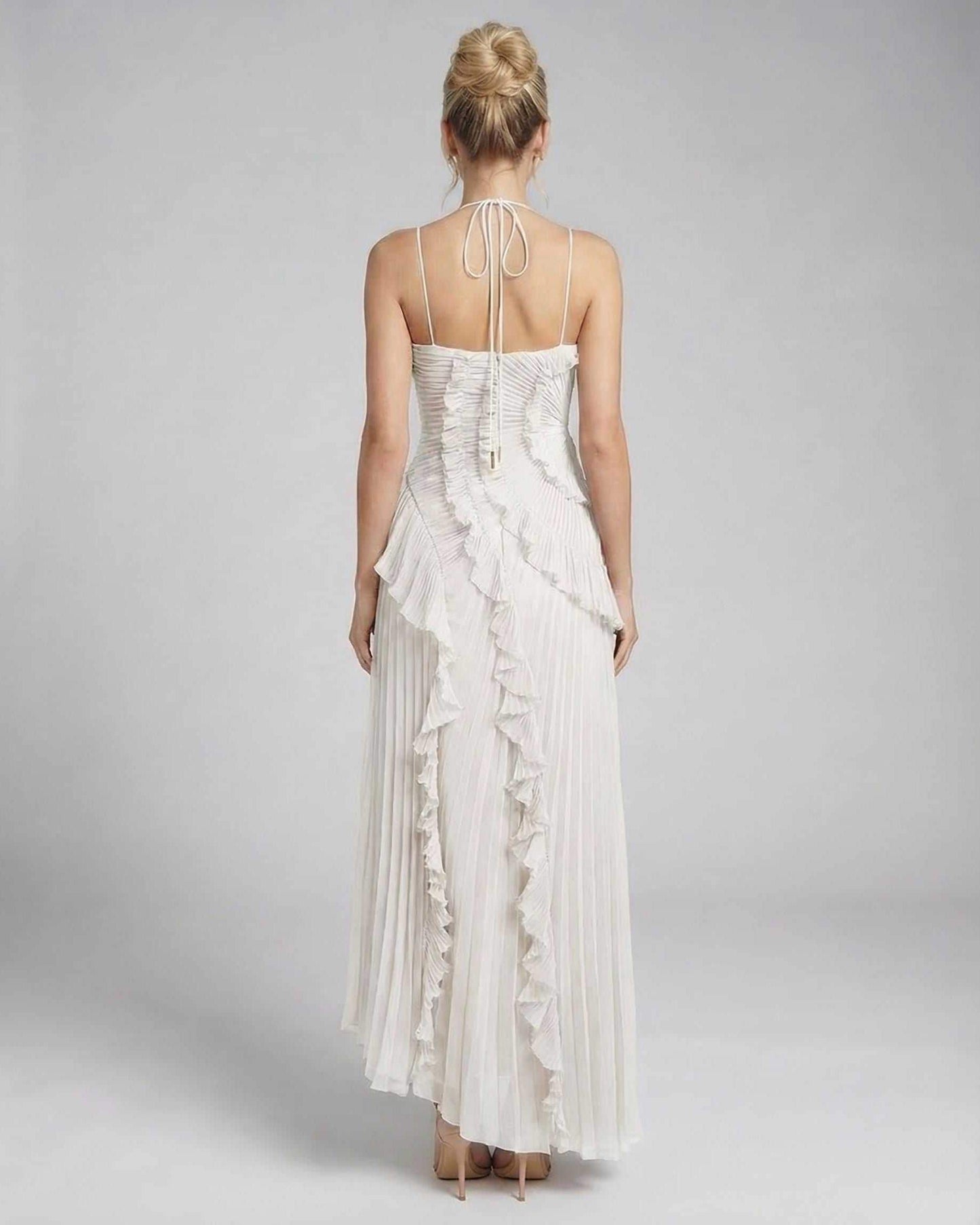 Jade Maxi Dress by RAMBLION, featuring pleated detail, halter neckline, elegant flow, perfect for special occasions.