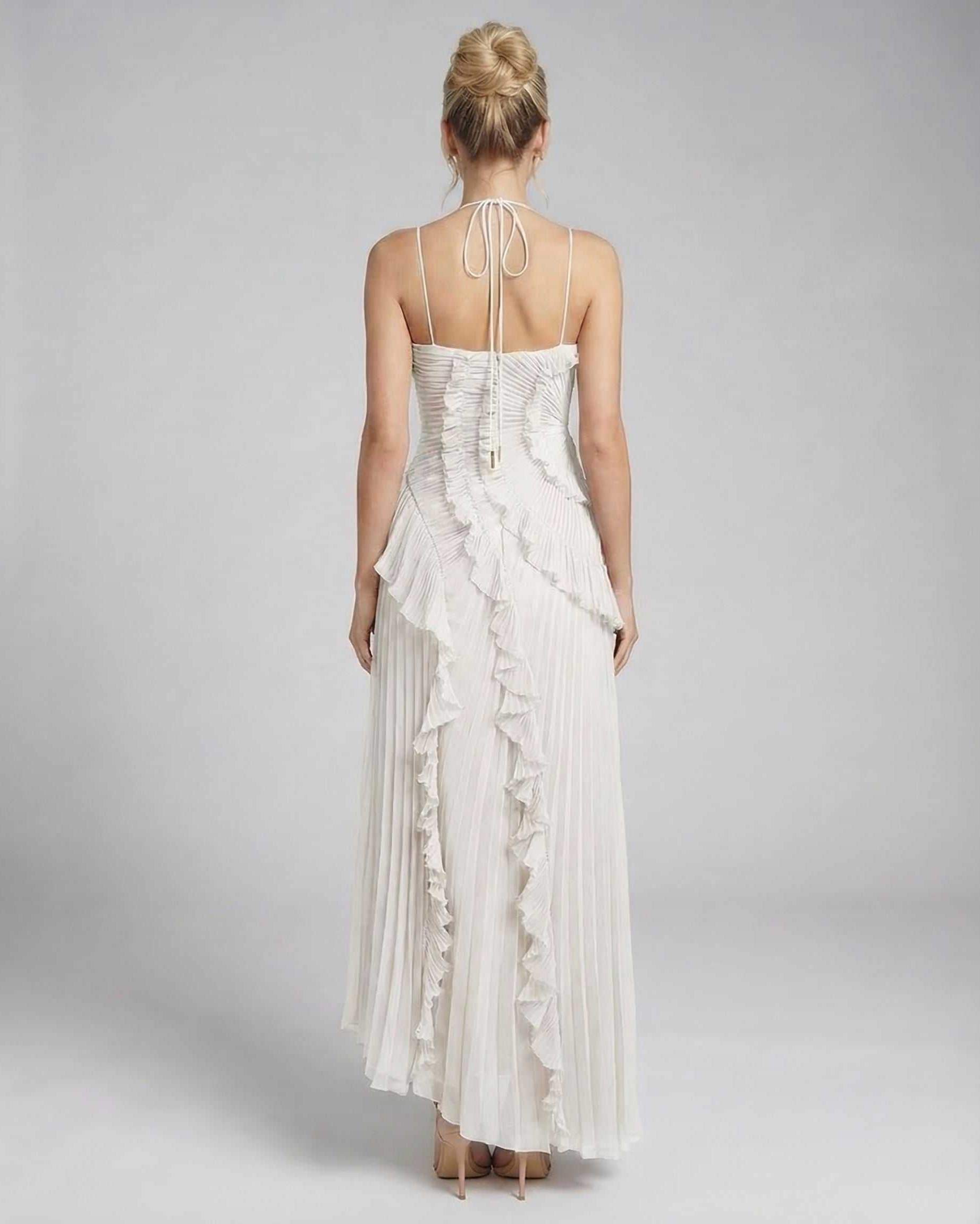 Jade Maxi Dress by RAMBLION, featuring pleated detail, halter neckline, elegant flow, perfect for special occasions.