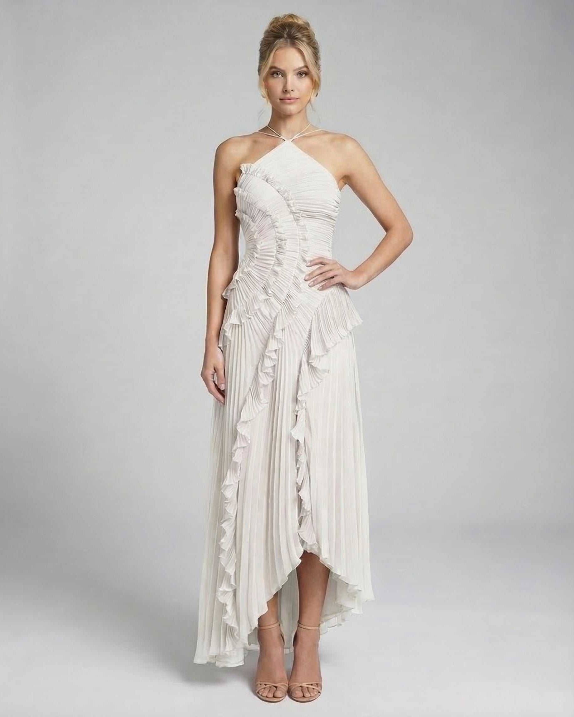 Jade Maxi Dress, elegant pleated design, halter neckline, perfect for special occasions, by RAMBLION.