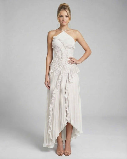 Jade Maxi Dress, elegant pleated design, halter neckline, perfect for special occasions, by RAMBLION.