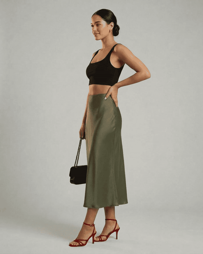 Olive Satin Midi Skirt, side view | Ramblion | SKU: OMS-45291-olive-L-797,OMS-45291-olive-M-4322,OMS-45291-olive-S-655,OMS-45291-olive-XL-1234,OMS-45291-olive-XS-3816