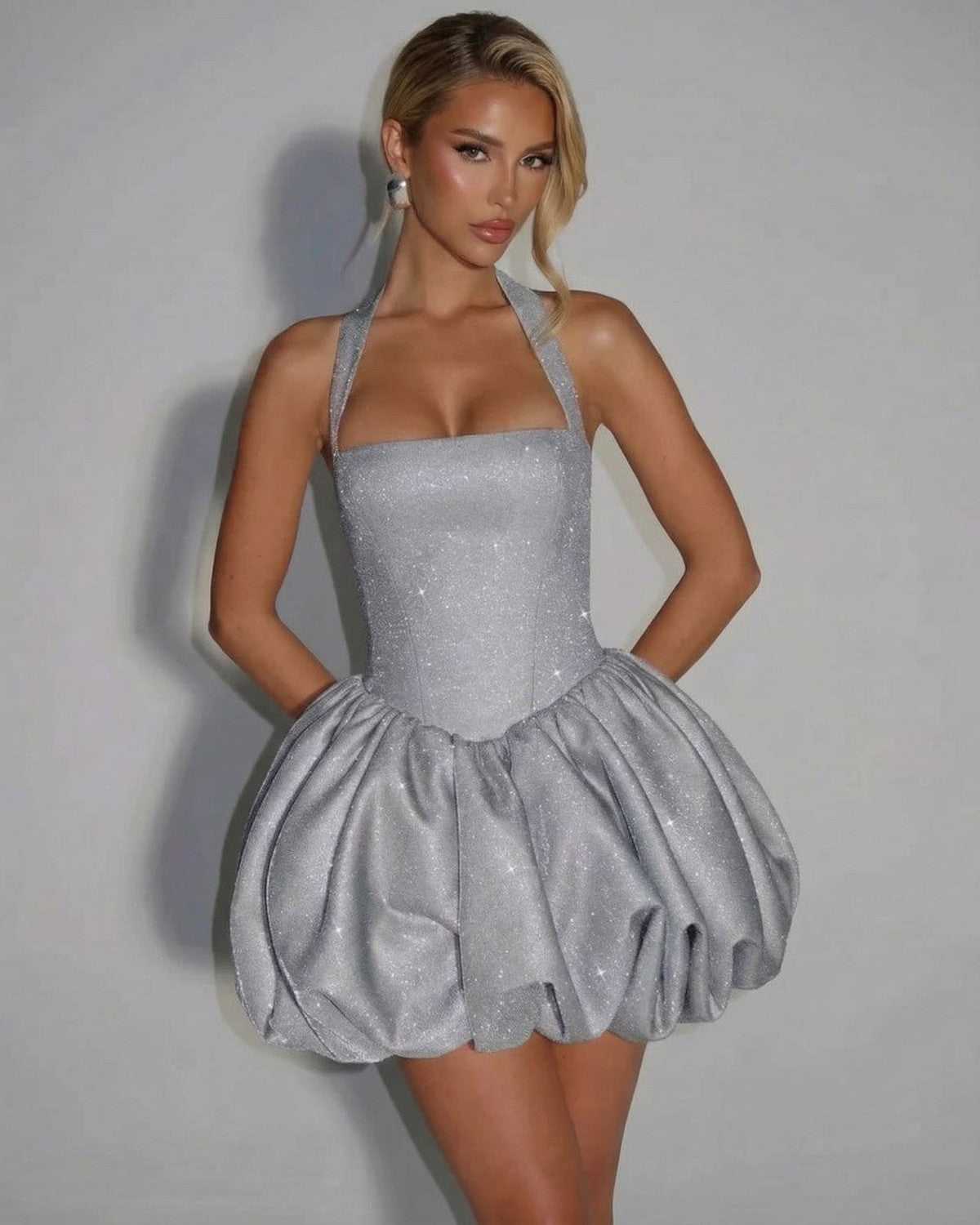 Jade Mini Dress by RAMBLION, silver sequin, puff silhouette, perfect for elegant occasions.