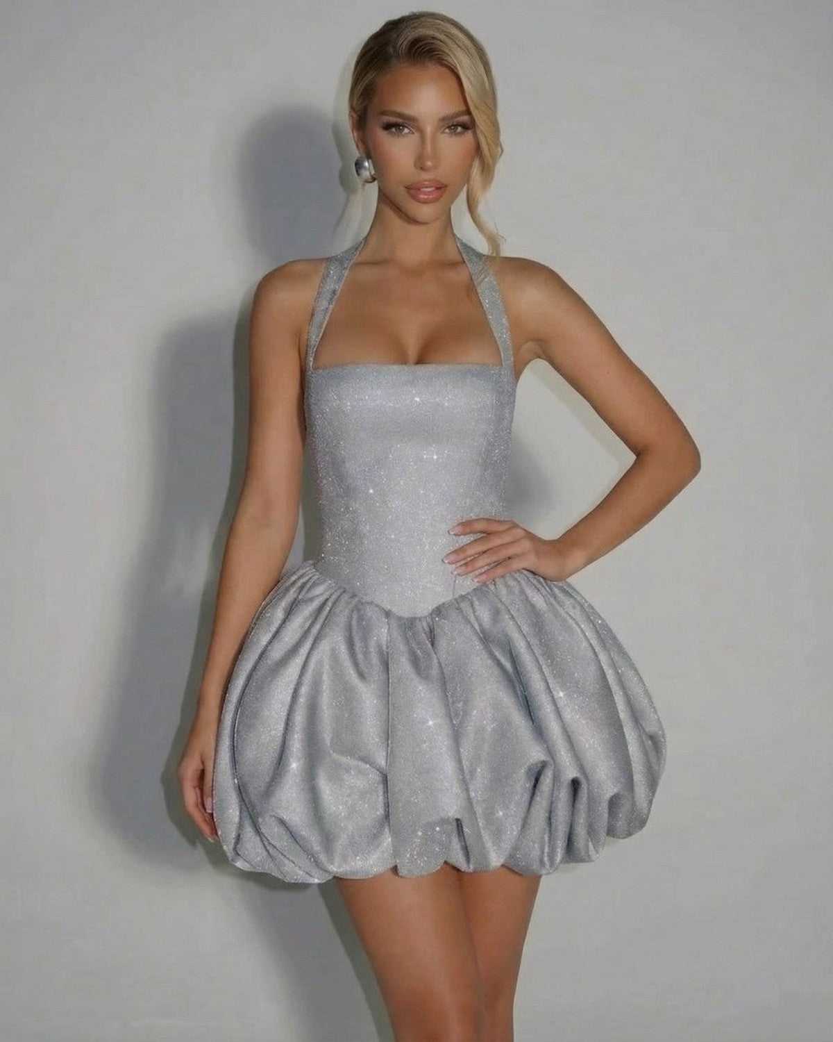 Jade Mini Dress by RAMBLION in radiant silver, featuring a puff silhouette, perfect for special occasions.