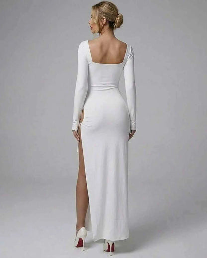 White Satin Bodycon Round Neck Long Sleeve Maxi Dress | Formal Occasions & Night Out, back view | Ramblion | SKU: AMD-583920481-white-L-7612,AMD-583920481-white-M-4505,AMD-583920481-white-S-6080,AMD-583920481-white-XL-1902,AMD-583920481-white-XS-4948