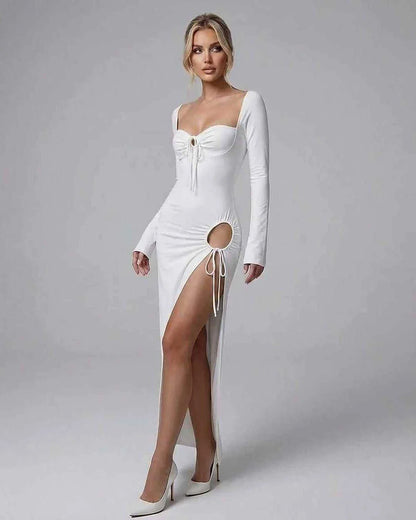 White Satin Bodycon Round Neck Long Sleeve Maxi Dress | Formal Occasions & Night Out, side view | Ramblion | SKU: AMD-583920481-white-L-7612,AMD-583920481-white-M-4505,AMD-583920481-white-S-6080,AMD-583920481-white-XL-1902,AMD-583920481-white-XS-4948